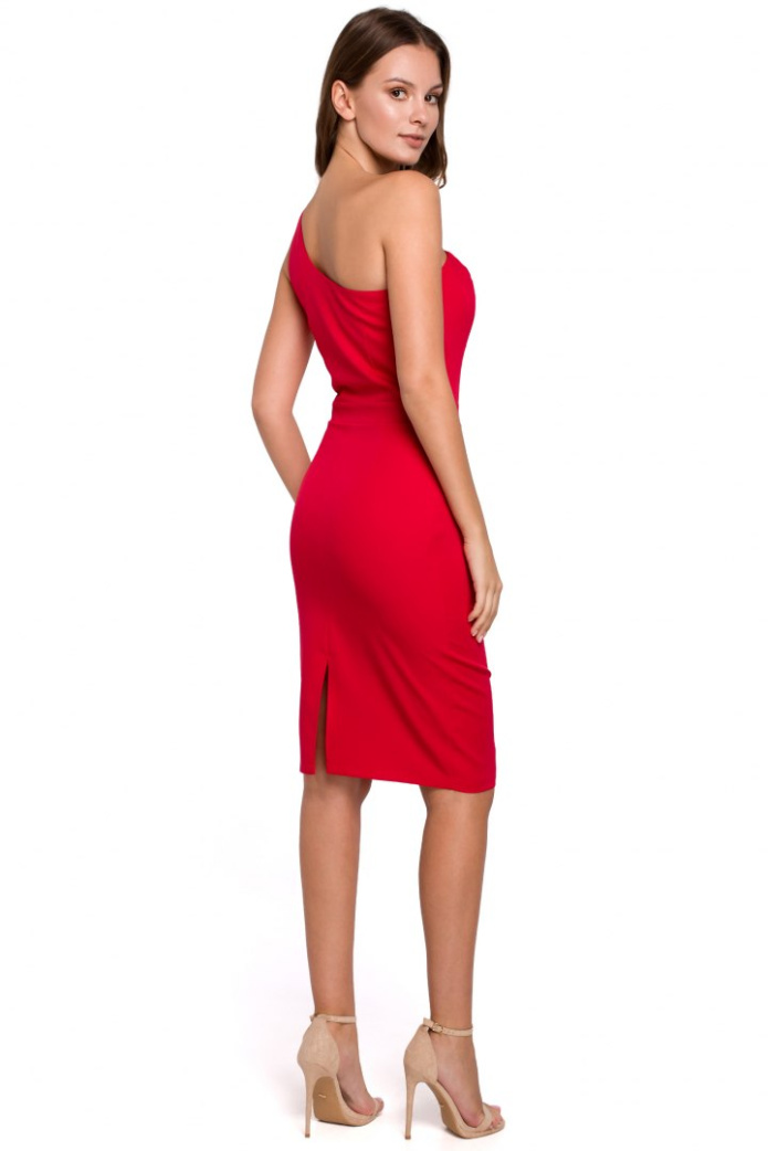 Sukienka Dopasowana - Ołówkowa Na Jedno Ramię - czerwona